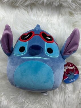 Original Squishmallows Blue Stitch Plush with Purple Ears and Red Sunglasses